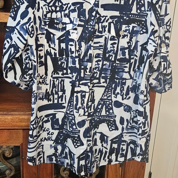 Karl Lagerfeld Paris 3/4 Sleeves Button-Up Blouse Women's S/P Blue & White - Picture 15 of 15